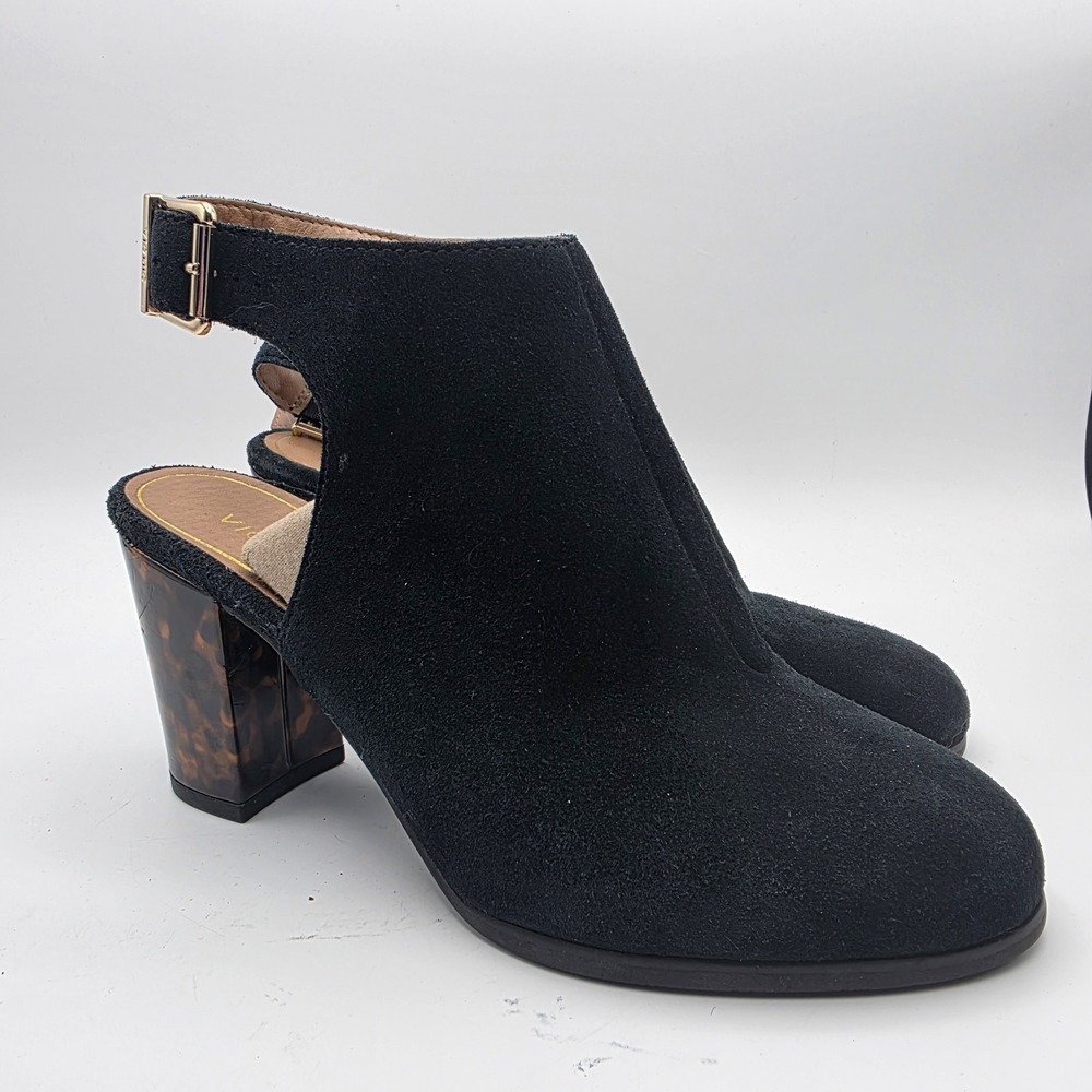 Vionic Lacey Suede Booties Size 9.5 Tortoise Block Heel Black Leather Mob Wife - Picture 2 of 14
